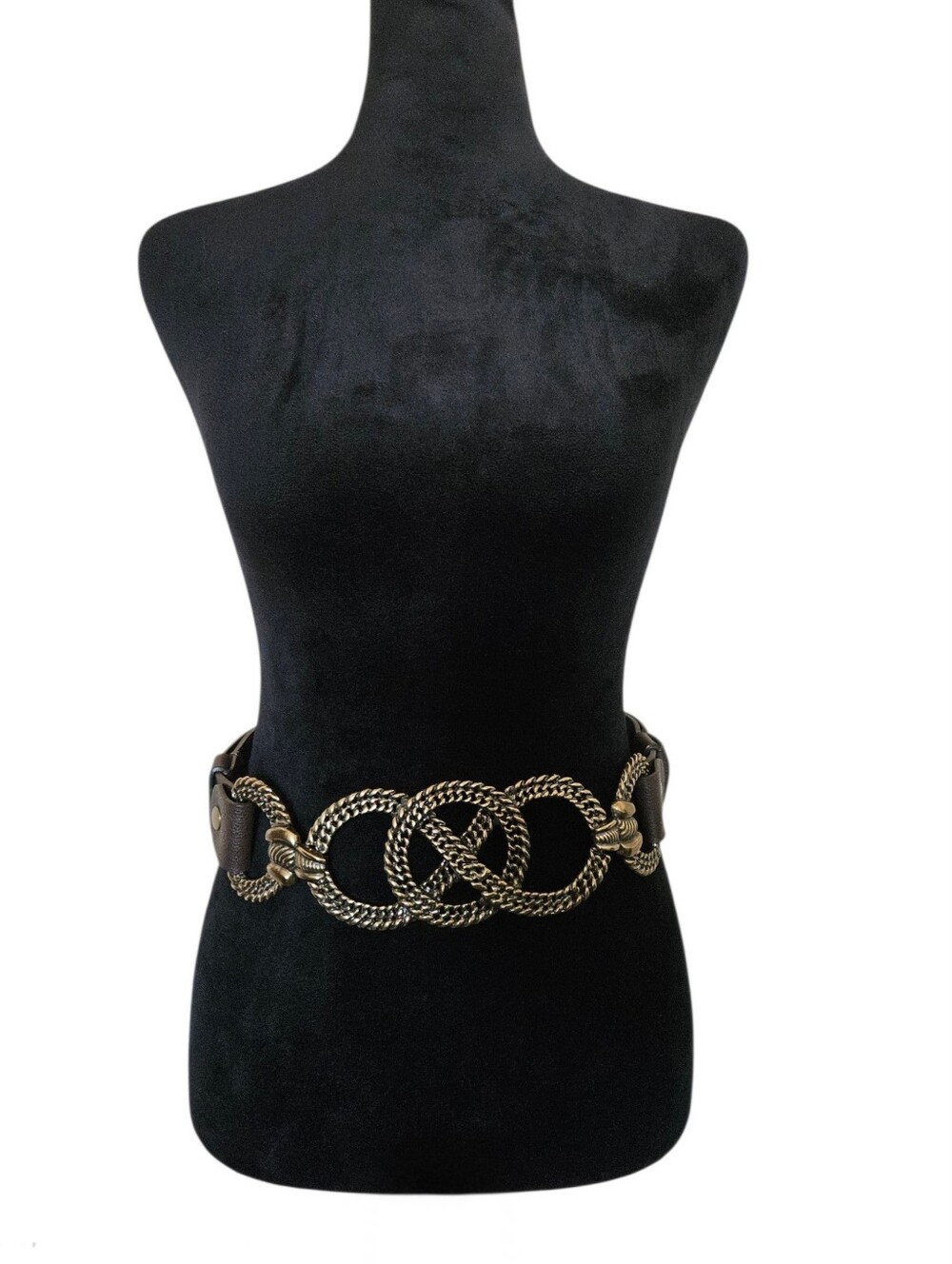 Vintage Chico's Women's Brown Leather Slider Brass- Tone Statement Belt Size M/L